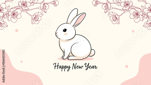 Happy new year greeting card featuring a charming white rabbit sitting under cherry blossom branches in a soft pink background.