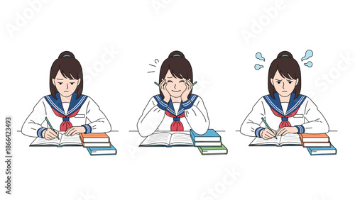 Japanese schoolgirl character set depicting different moods like seriousness, joy, and irritation while studying with her books.