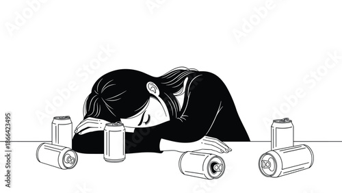Melancholy black and white illustration of a woman slumped over a table surrounded by empty beverage cans suggesting fatigue.