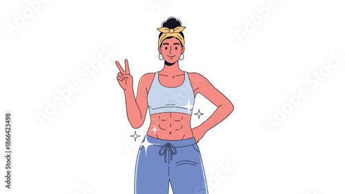 Fit young woman in athletic wear showing her toned abdominal muscles and making a peace sign after a successful workout session.