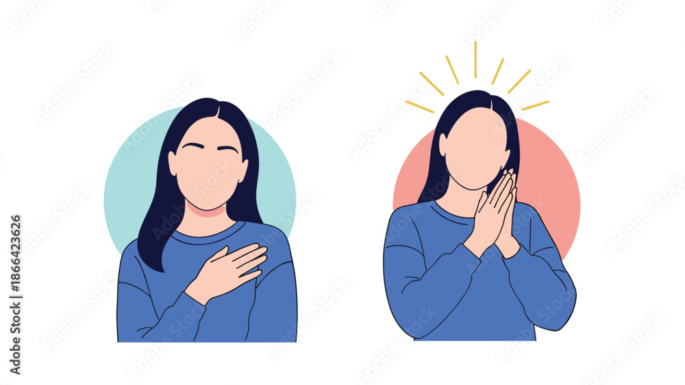 Fototapeta premium Woman in a blue sweater shows two different gestures of gratitude and appreciation with her hands over her heart and palms.