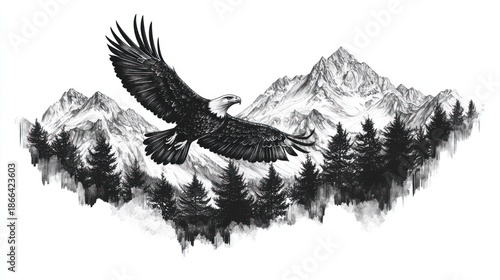 Majestic eagle in flight over a dramatic, snow-capped mountain range and pine forest, rendered in monochrome