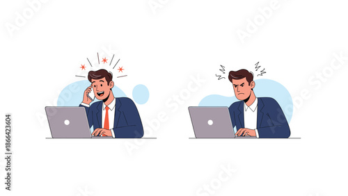 Two scenes show a businessman experiencing different emotions of joy and anger while working on his laptop in the office.