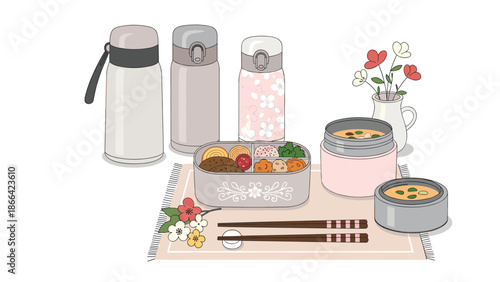 Beautifully packed bento lunch box is set on a table with several thermoses and a small vase of flowers for a picnic meal.