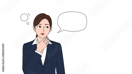 Businesswoman in a dark suit touches her chin while thinking deeply with a blank speech bubble for her internal monologue.