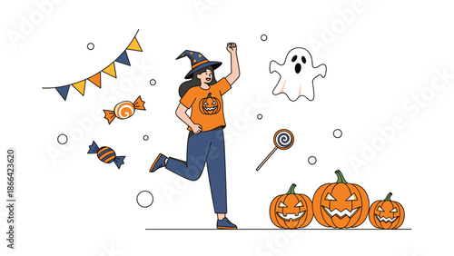 Excited woman in a witch hat celebrates halloween among spooky pumpkins and ghosts with candy and festive decorations.