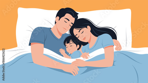 Loving parents and their small child sleep together in a large bed under a blue blanket for a sweet family portrait at night.