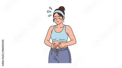 Young woman in athletic wear holds her stomach with a painful expression suggesting digestive issues or menstrual cramps.