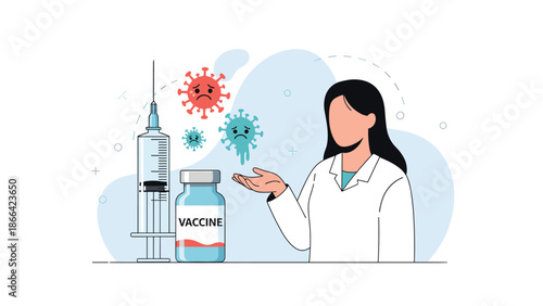 Medical professional in a white coat explains the importance of vaccination against virus variants with a syringe and bottle.