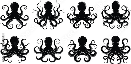 Black, and, white, octopus, silhouette, collection, eight, marine, animal, icons, minimalist, sea, creature, set, nautical, ocean, tentacle, design, aquatic, grid