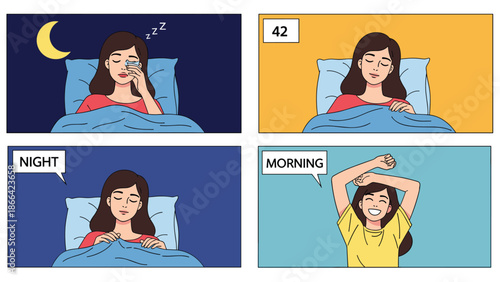 Storyboard shows a woman going through her daily cycle from sleeping at night to waking up refreshed in the morning sun.