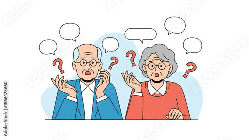 Senior man and woman look extremely confused with many question marks and speech bubbles depicting memory loss or difficulty.