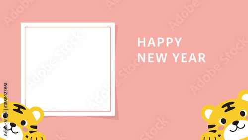 Festive new year template includes a blank photo frame and two cute tigers on a pink background for holiday celebrations.