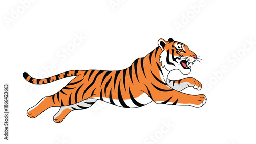 Powerful tiger leaps through the air with a fierce expression and open mouth in this dynamic wild animal action illustration.