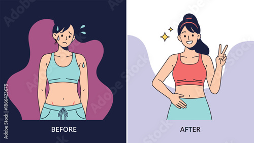Fitness transformation of a young woman showing the contrast between feeling tired before exercise and happy after her workout.