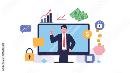 Financial advisor on a computer screen teaching about money management, savings, and investment strategies with helpful icons.