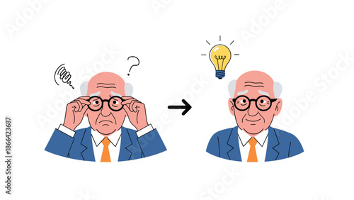 Elderly man experiencing a moment of confusion and then having a brilliant idea represented by a glowing light bulb icon.