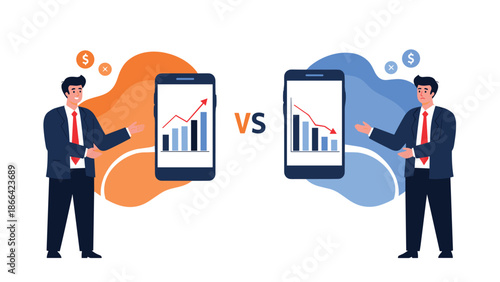 Comparison of two business scenarios showing a man with profit growth versus another man with financial loss on mobile phones.