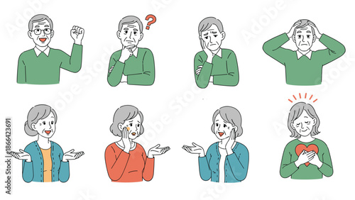Collection of various facial expressions and gestures from a senior man and woman showing emotions like joy, worry, and surprise.