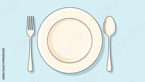 Simple and clean illustration of a dinner place setting with a plain white plate flanked by a silver fork and a silver spoon.