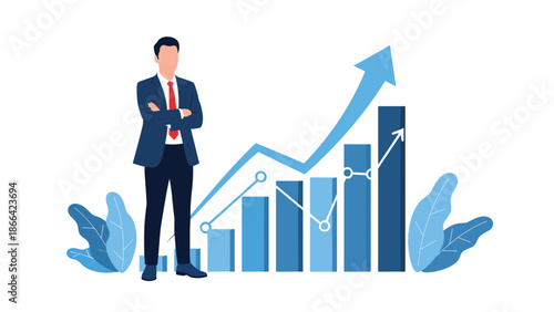 Determined businessman stands with crossed arms next to a growing bar chart and a rising arrow symbolizing commercial success.