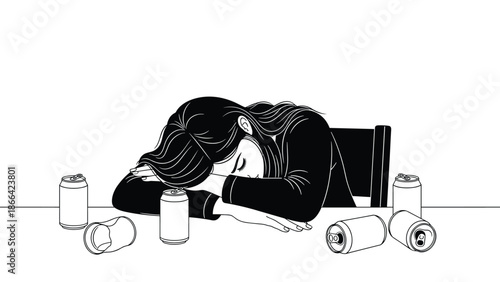 Exhausted woman sleeps soundly at a table surrounded by several empty aluminum cans in a dramatic black and white illustration style.