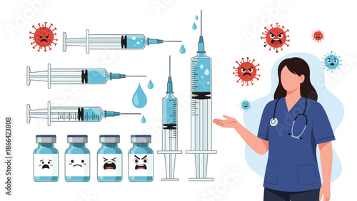 Medical professional stands next to various vaccination equipment including syringes, vials, and icons representing the coronavirus particles.