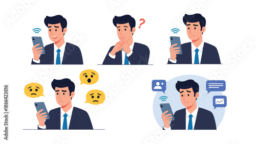 Businessman in a navy suit shows various emotions while using his smartphone including happiness, confusion, sadness, and deep thought.