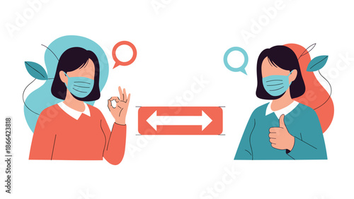 Two women wearing surgical masks maintain social distance while communicating with positive hand gestures like thumbs up and okay signs.