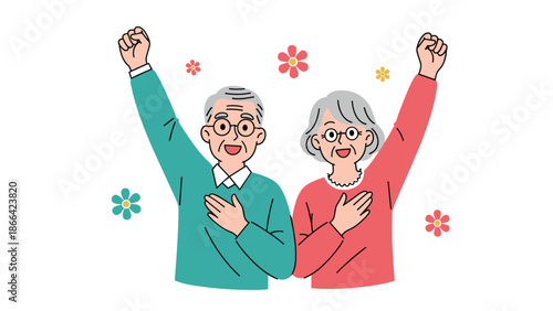 Happy senior couple celebrates success with raised fists and cheerful expressions against a white background with floral accents.