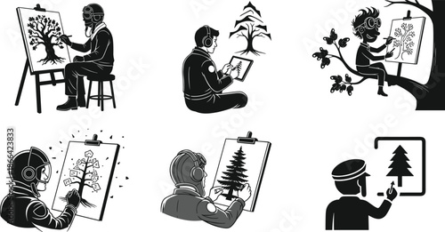 Futuristic character drawing tree, headset and tablet pose, creative art scene, black vector illustration, imaginative nature concept