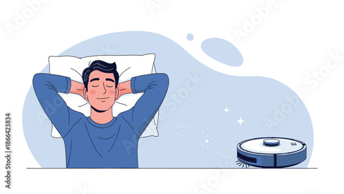 Man relaxes comfortably on a pillow while a modern robot vacuum cleaner autonomously sweeps the floor nearby in a bright room.