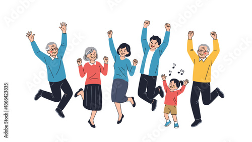 Happy multigenerational family consisting of grandparents, parents, and a child jump into the air with joy and celebration together.