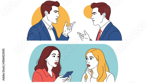Two groups of business people including men and women engage in serious and casual conversations represented in simple line art styles.
