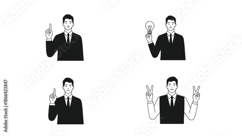 Professional man in a black suit demonstrates different hand gestures like counting, having an idea, and making a peace sign.