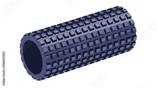 Dark blue textured foam roller used for physical therapy and muscle recovery is shown in a three dimensional perspective illustration.