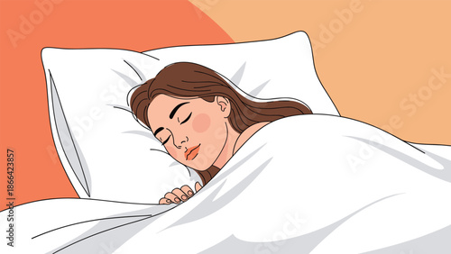 Beautiful woman sleeps peacefully under a white blanket with her eyes closed and long brown hair spread out on a soft pillow.