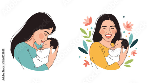 Loving mother tenderly holds her sleeping newborn baby in two different artistic versions featuring soft colors and floral patterns.