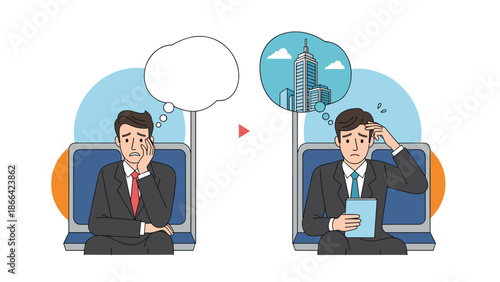 Comparison illustration shows a man looking bored on a commute versus a man using a tablet and thinking about city business success.