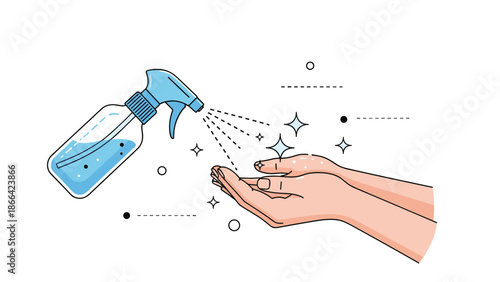 Human hands are being sanitized with a blue spray bottle of disinfectant liquid to ensure hygiene and prevent the spread of germs.