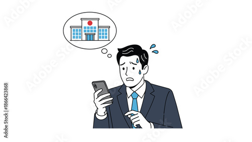 Worried businessman looks at his smartphone with sweat on his face while thinking about a building like a hospital or school office.