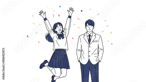 Excited schoolgirl in a uniform jumps with joy next to a calm male student amidst colorful confetti celebrations in a flat style.