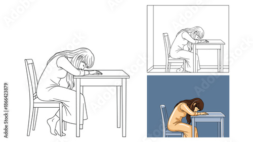 Despondent woman sits at a table with her head down in three different illustrative styles ranging from line art to full color.