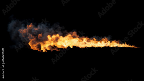 Isolated long fiery trail of fire and smoke like a high-speed flame thrower on a black background