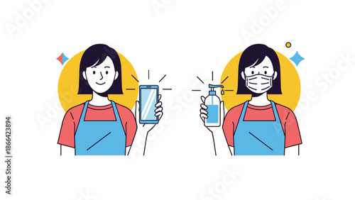 Woman wearing a blue apron is depicted in two scenes showing her holding a smartphone and using a hand sanitizer bottle with a mask.
