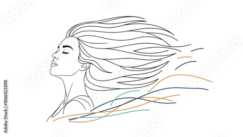 Elegant line art profile of a woman with her eyes closed and long hair flowing in the wind with abstract colored lines for effect.
