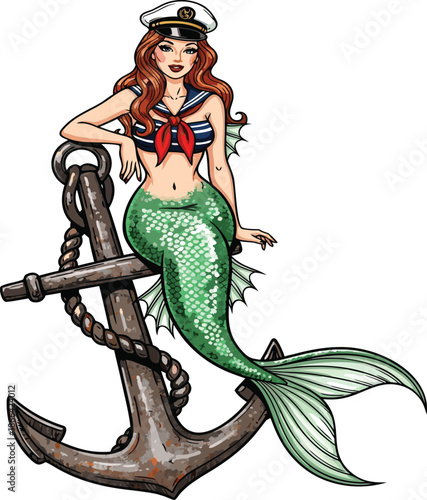 Nautical Pin-up Mermaid Leaning on Anchor