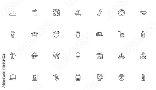 Travel and Tourism icon set. Vector illustration. Includes symbols for swimming, beach, boat, air balloon, map, visa, trolley, luggage, ice cream and more.