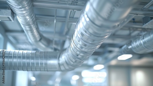 Metal ducts and pipes in a modern building structure show ventilation system design during daylight hours