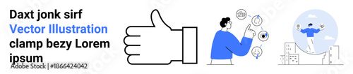 Business success, positive feedback, team management, goal setting, digital analytics, productivity. Thumbs up icon, a professional analyzing data and a figure celebrating growth. Business success